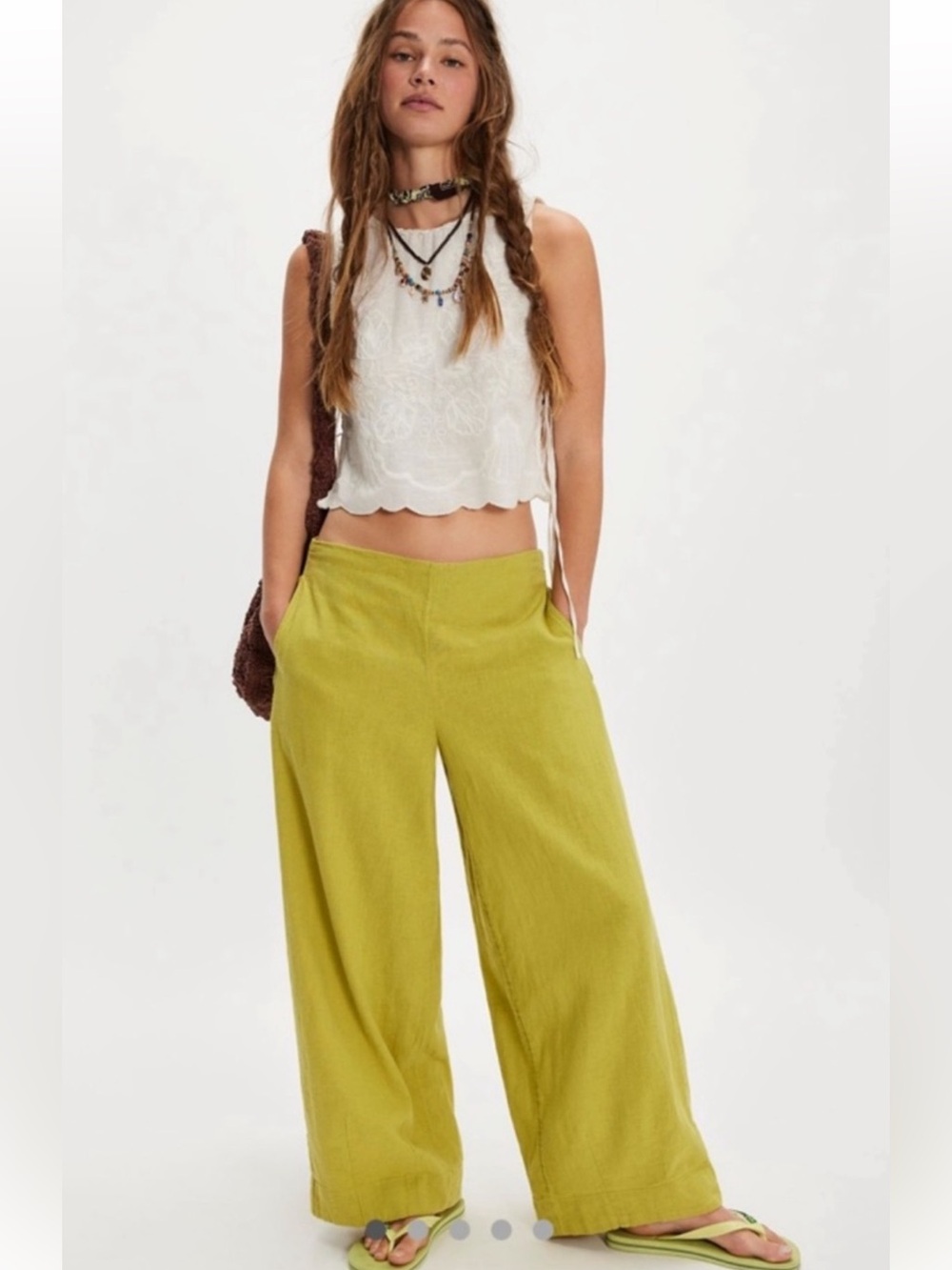 Free People Demi Wide Leg Linen Blend Pants-Chartreuse
